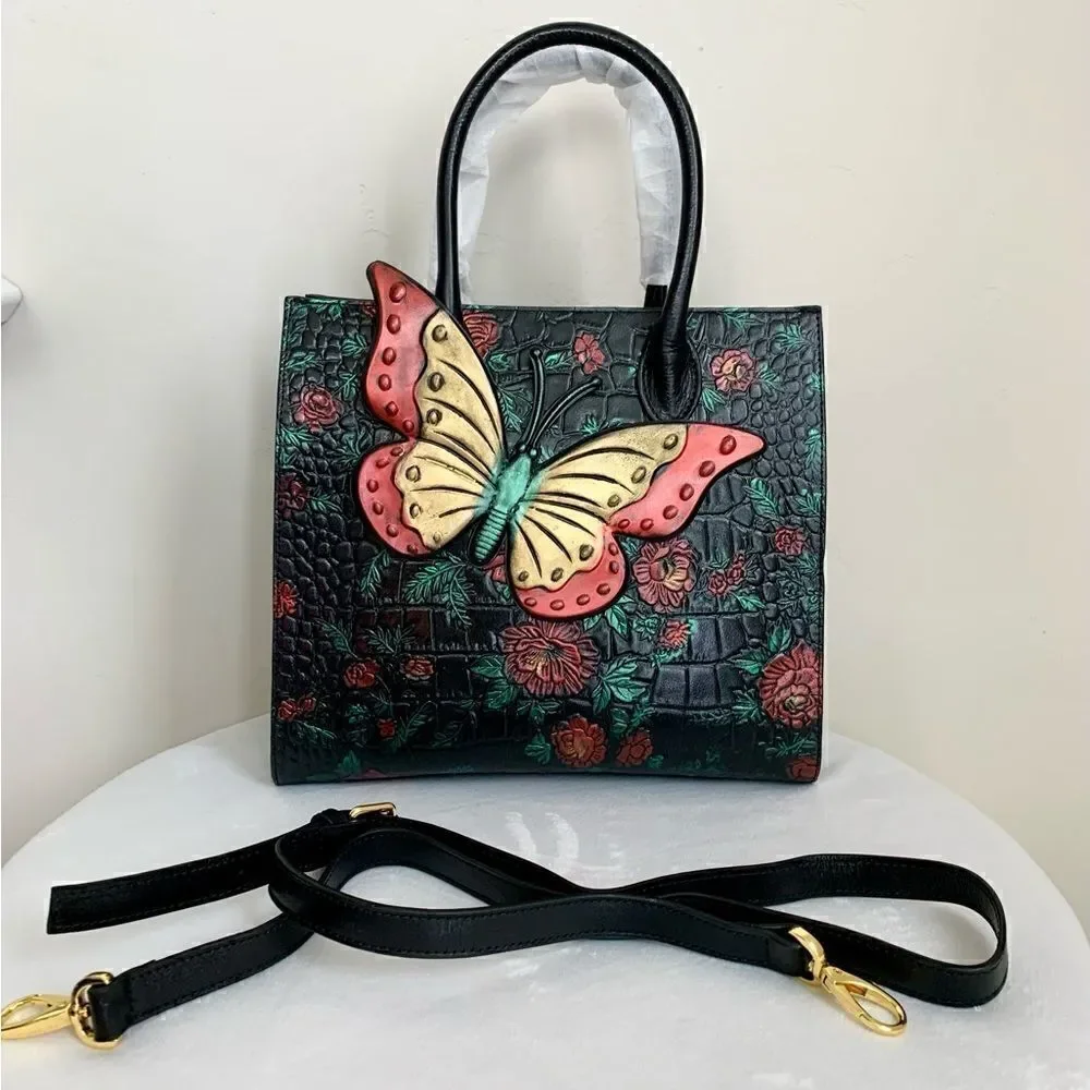 Hand Painted Genuine Leather Floral Embossed with 3D Butterfly Handbag